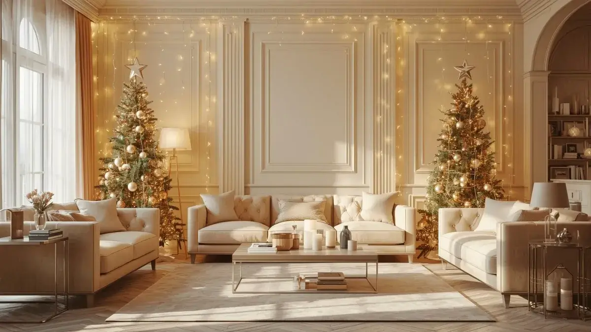 Elegant and clean living room decorated for Christmas, helping prepare your home for Christmas Day