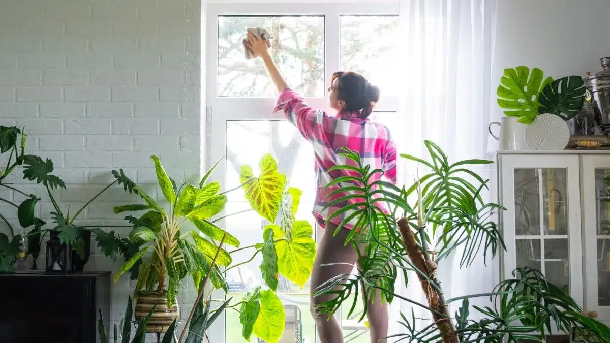 Spring Cleaning Checklist by Cali Maids, woman cleaning window in a bright home