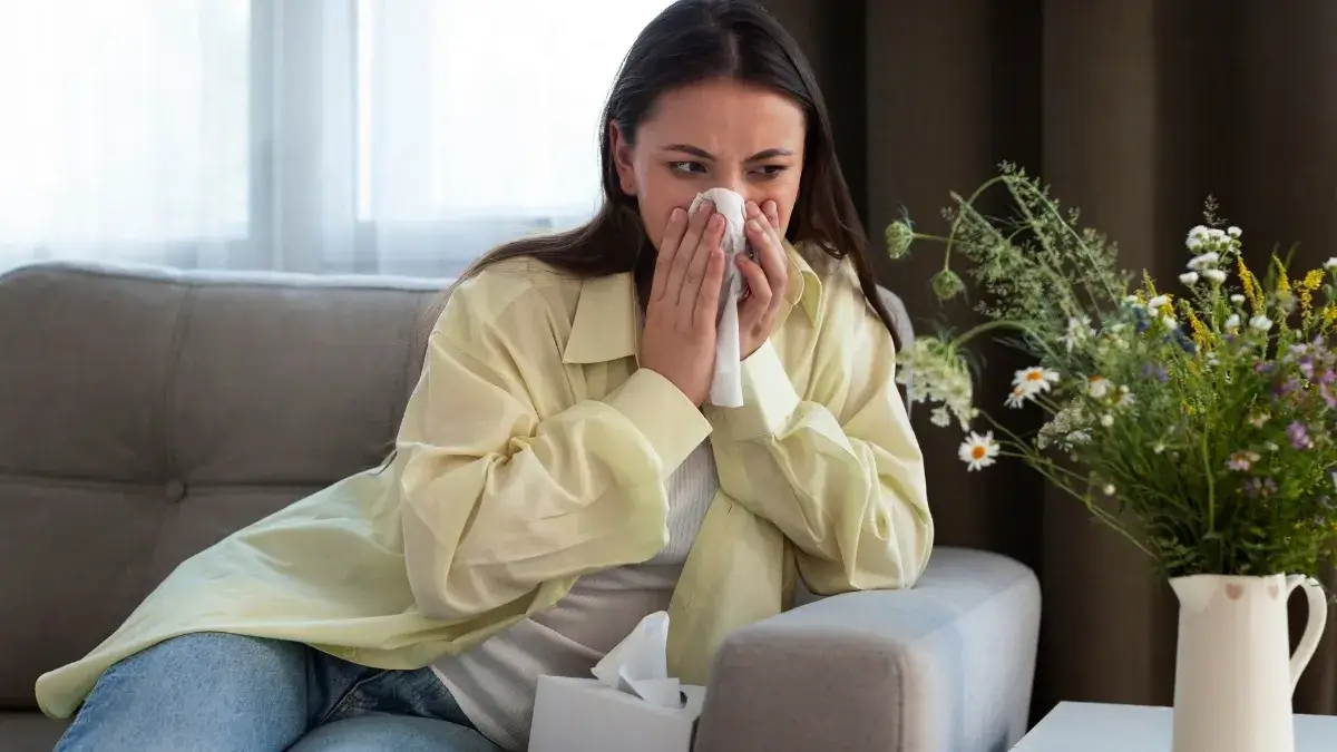 Spring Cleaning for Allergies by Cali Maids, woman sneezing indoors during allergy season